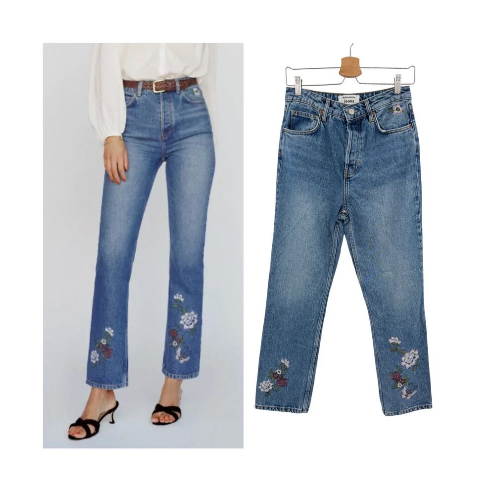 Reformation Cynthia High Rise Straight Jeans Fauna Floral Embroidered Size 28